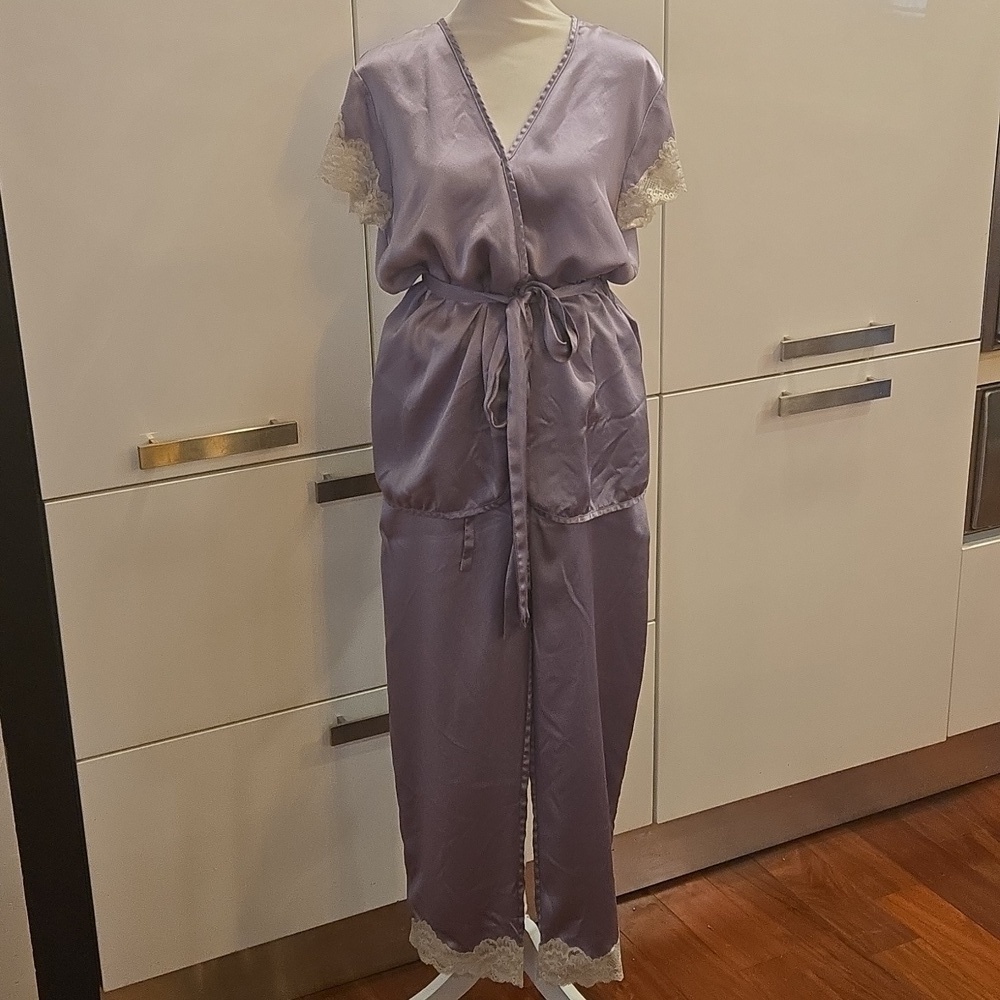 Vintage 100% Silk Lavender Lace Pajama Top & Pants Set Purple Size Medium